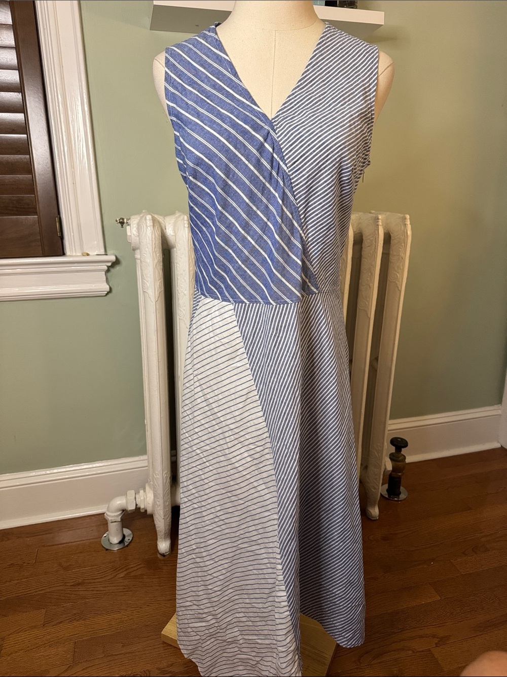 Dkny Blue and White Asymmetrical Sleeveless Stripe Dress